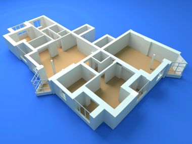 蓝色背景下的3D房屋建筑模型与室内结构平面图