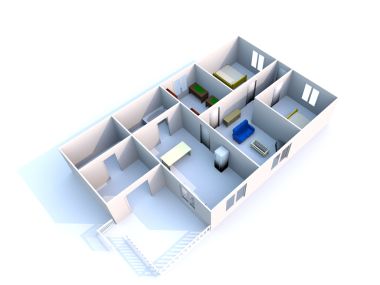 3D渲染现代房屋建筑模型与室内空间布局