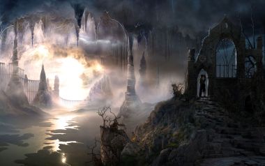 奇幻深渊中的哥特废墟与神秘光柱