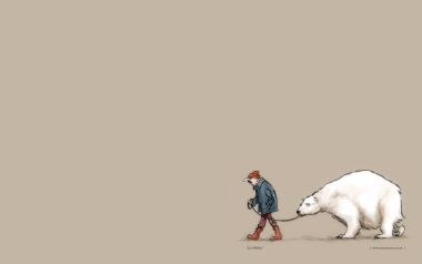 极简水彩插画：男人牵着北极熊散步