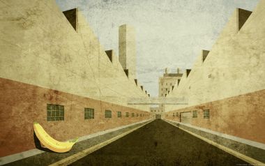超现实主义工业风壁纸：巨大香蕉皮与复古混凝土建筑