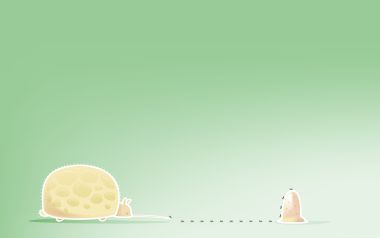 极简卡通插画：背着奶酪壳的拟人化小老鼠与蚂蚁