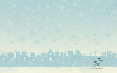 冬日小镇城市剪影与漫天飞雪插画壁纸