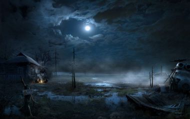 Abandoned Helicopter In The Marsh Moon