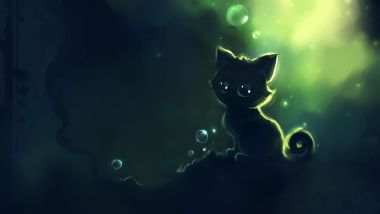 Apofiss插画：深海幽光中的黑猫与气泡