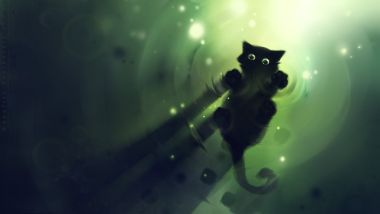 Apofiss创作梦幻绿色光影黑猫数字艺术壁纸