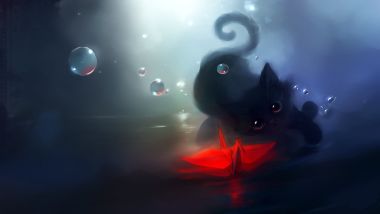 apofiss插画：水下黑猫与发光折纸鹤