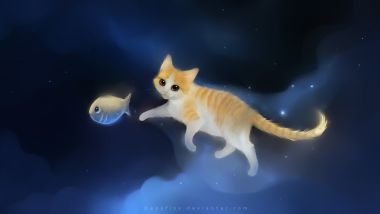 apofiss原创插画：星空漫步的橘白小猫与发光小鱼