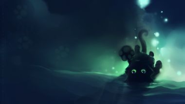Apofiss插画：幽蓝深海中的黑猫