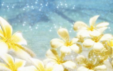 梦幻蓝色背景下的黄色鸡蛋花与星光特效