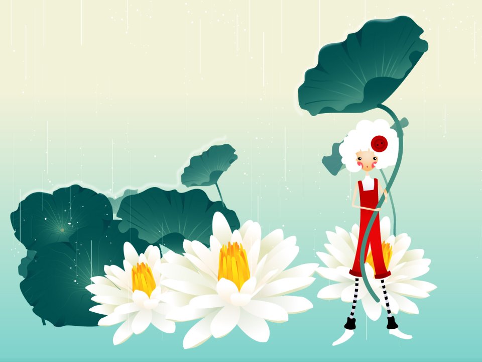纽扣女孩与荷花雨天插画