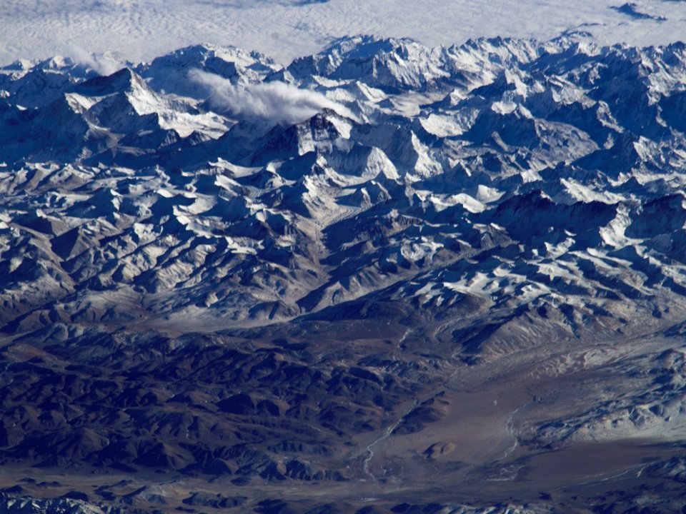 Aerial Panorama Of Mount Everest Himalaya Snow Peaks