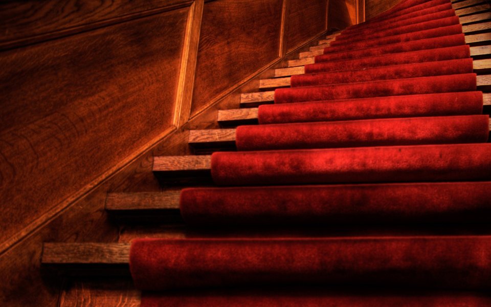 Vintage Luxury Red Velvet Solid Wood Staircase Low Angle Closeup