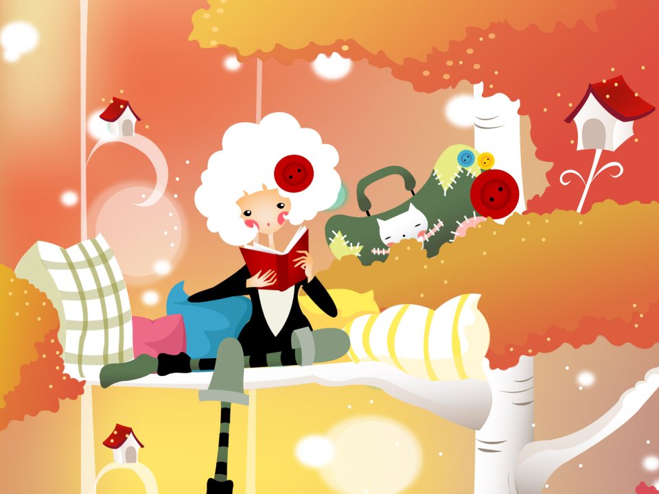 Button Girl Reading In Autumn Treehouse