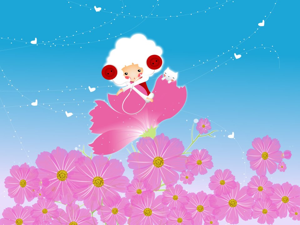 Cute Button Girl In Cosmos Flower Field