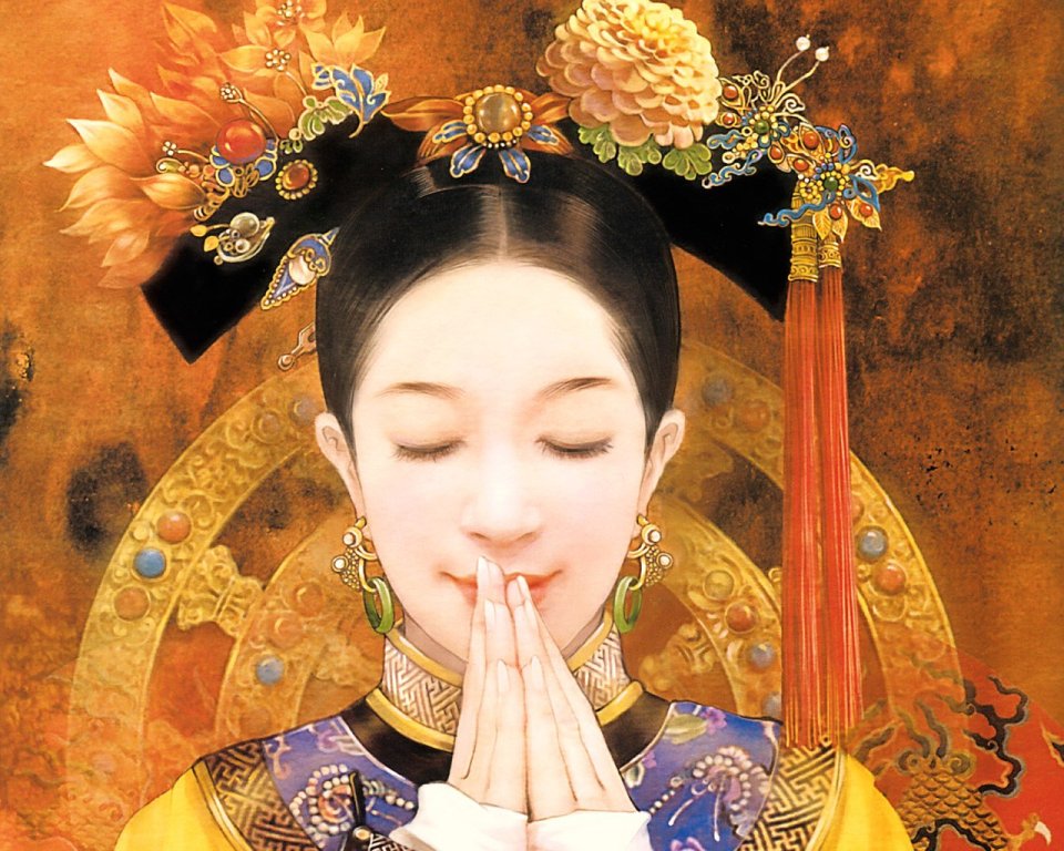 德珍 清代闭眸祈福宫廷女子国风工笔插画