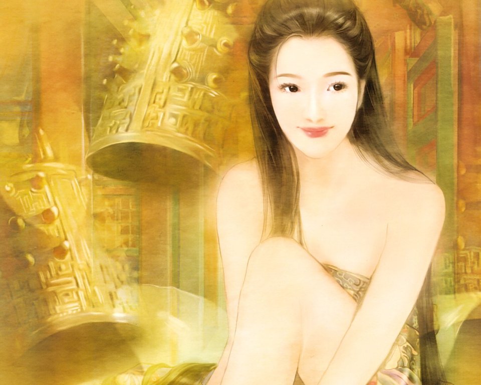 暖金光影东方古典温婉美人 编钟背景国风手绘插画