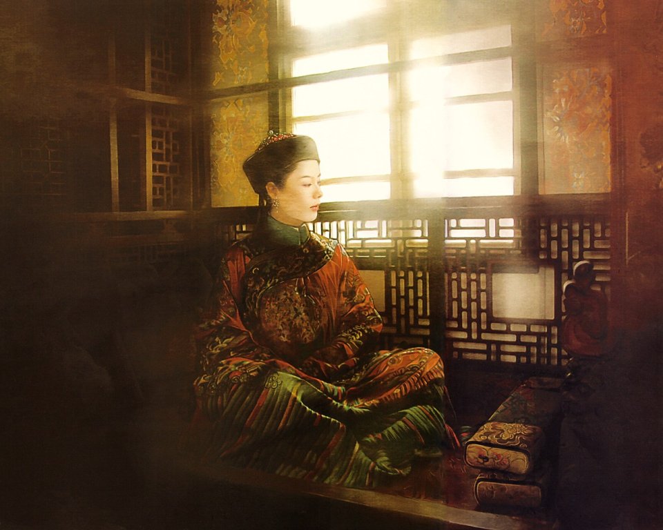 Qing Dynasty Manchu Woman Sitting By Window Classic Oil Painting