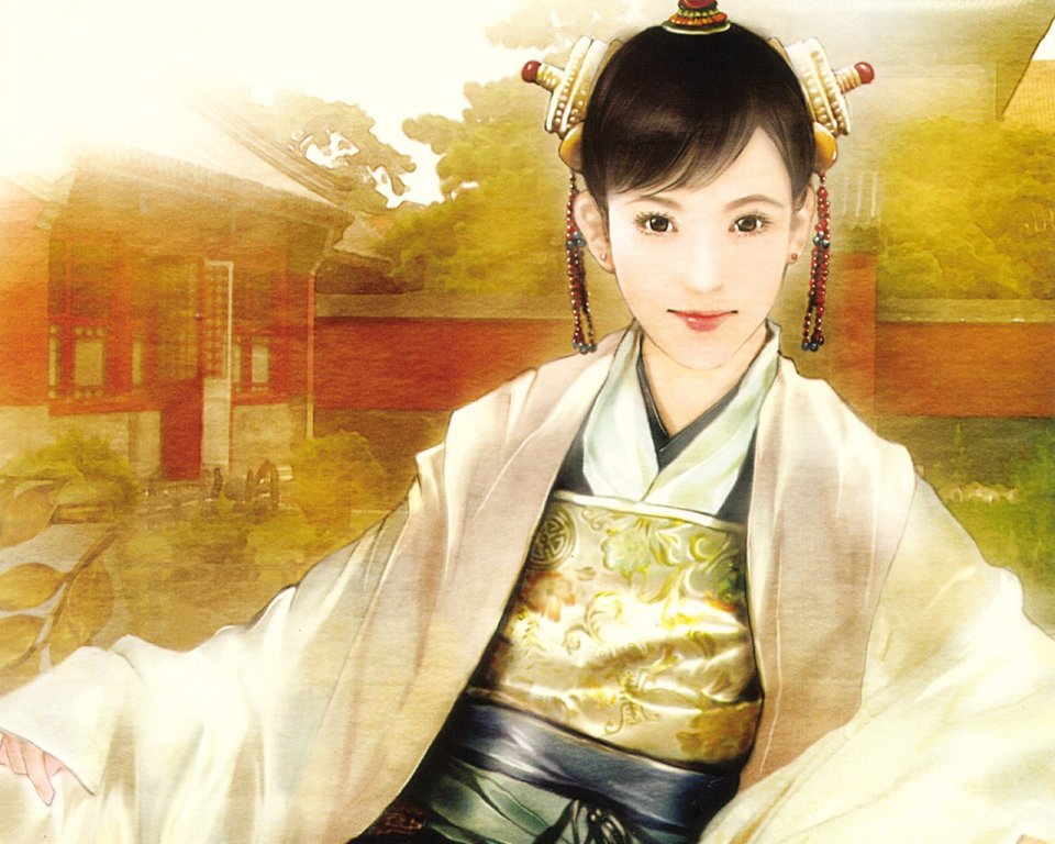 Gentle Lady In Qing Dynasty Costume Chinese Courtyard Watercolor Illustration