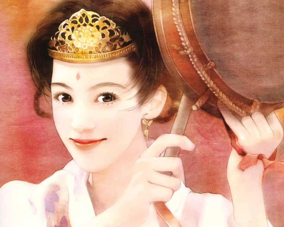 手持手鼓的东方古典古装美人水彩插画