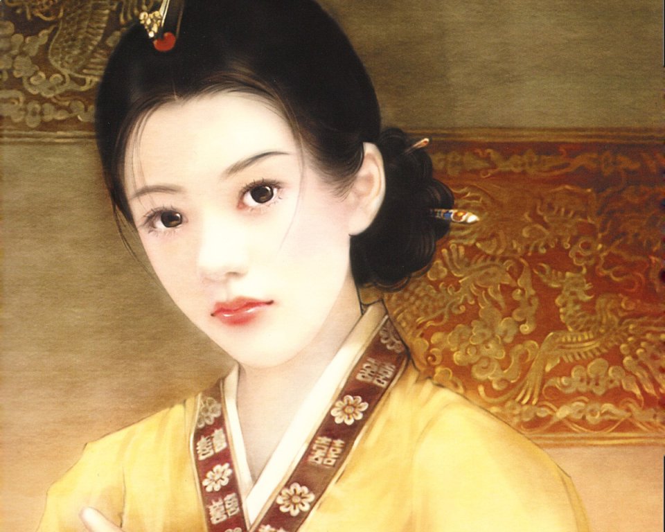 德珍手绘 中国古典明黄汉服温婉美人肖像