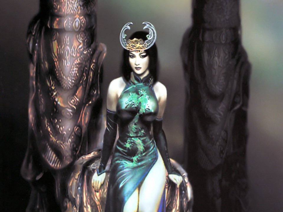 国风奇幻复古CG 身着青龙纹旗袍的冷艳东方女性