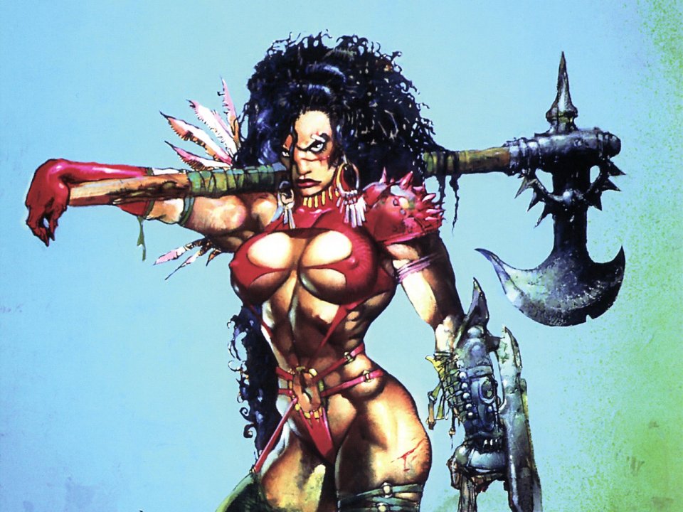 Simon Bisley 重金属奇幻女战士持斧插画