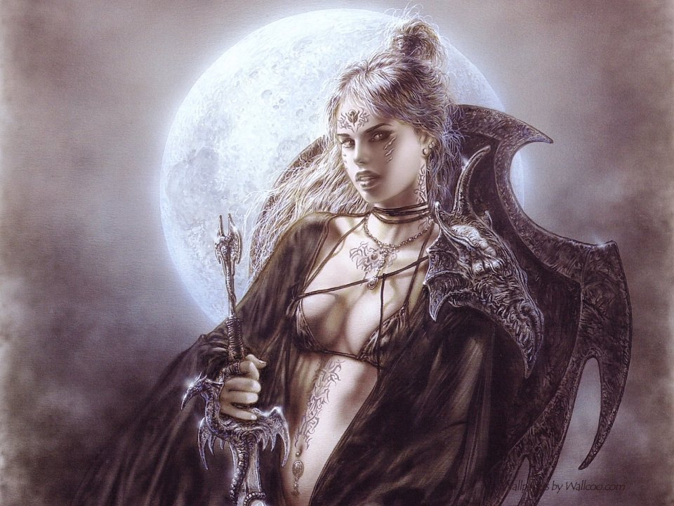 Luis Royo 满月下持龙形剑的暗黑奇幻女术士插画