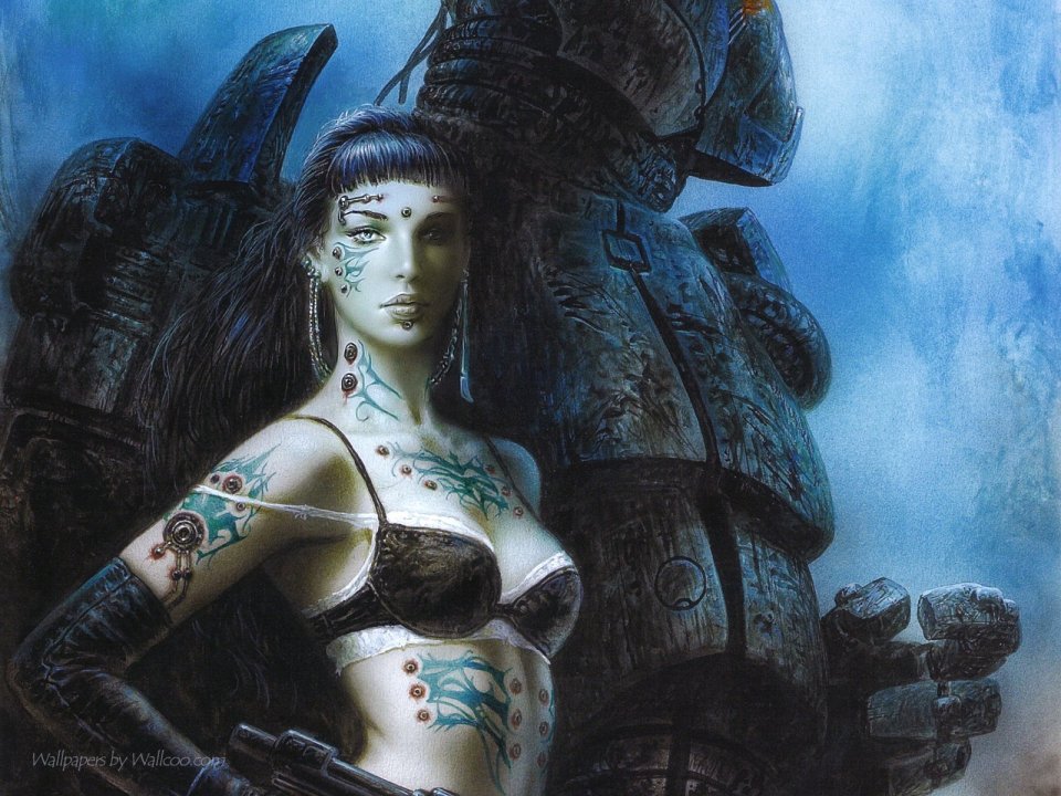 Luis Royo Cyberpunk Modified Woman And Giant Mecha Sci Fi Illustration