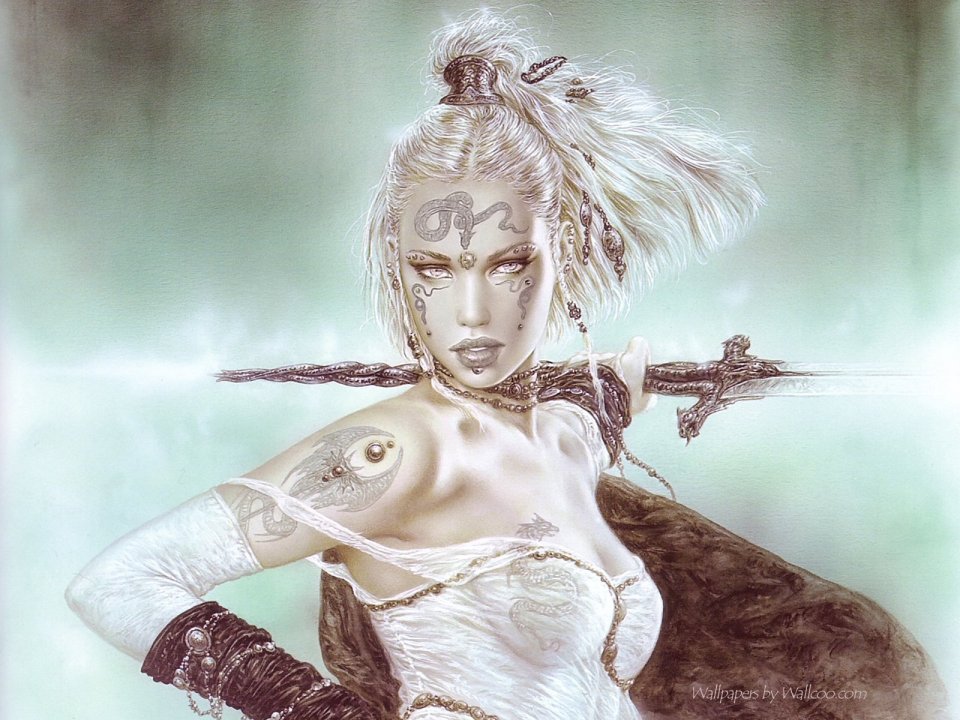 路易斯·罗佑 奇幻白发女武士持剑艺术插画
