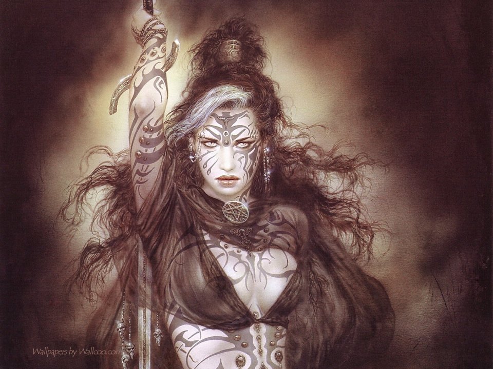 路易斯·罗佑 暗黑奇幻持剑纹身女战士插画