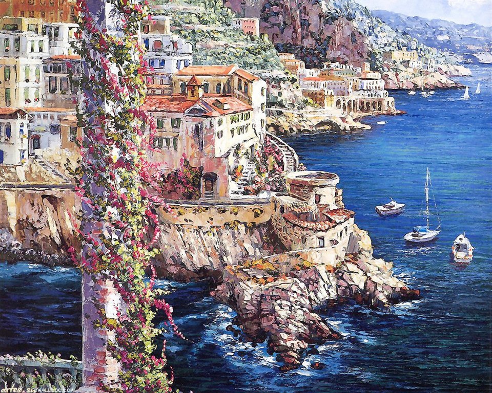 意大利阿马尔菲海岸地中海滨海风景油画
