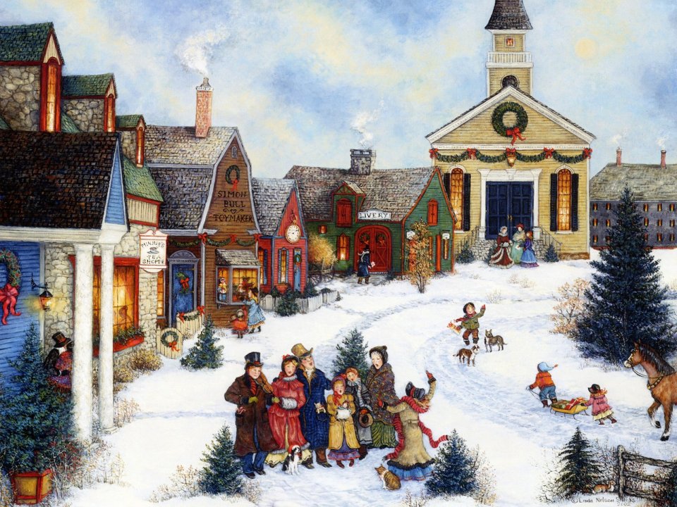 Americana Folk Painting Caroling In Snowy Christmas Village