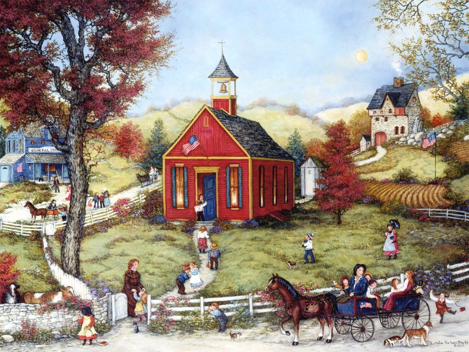 American Folk Painting Autumn Country Red Schoolhouse Gathering