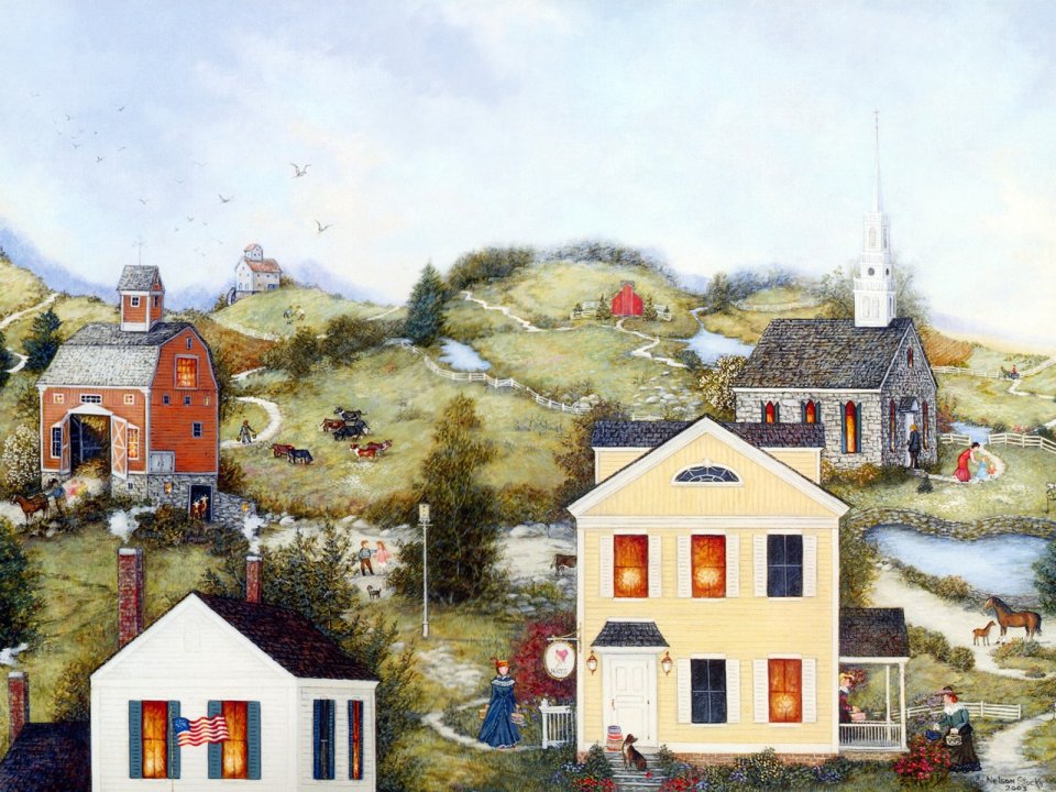 American Rural Steeple Church Folk Art Painting