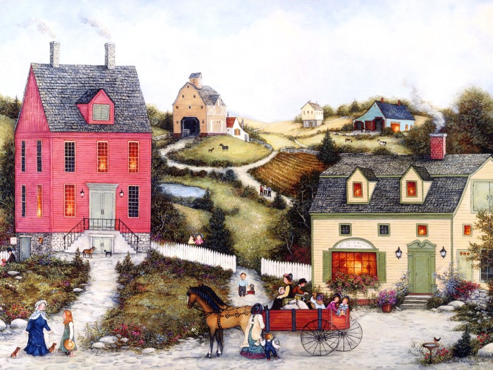 American Rural Town Horse Carriage Ride Folk Art Painting