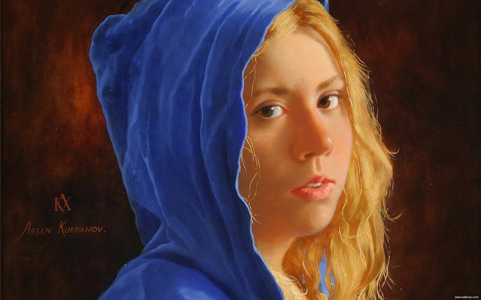 Arsen Kurbanov 蓝头巾少女肖像油画局部