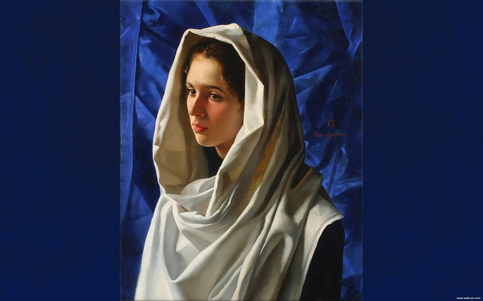 Arsen Kurbanov Girl In White Shawl Classical Portrait Oil Painting