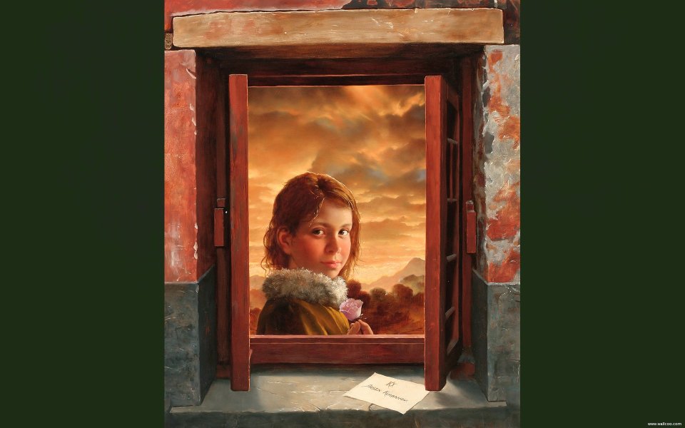 Arsen Kurbanov 持玫瑰窗边少女油画