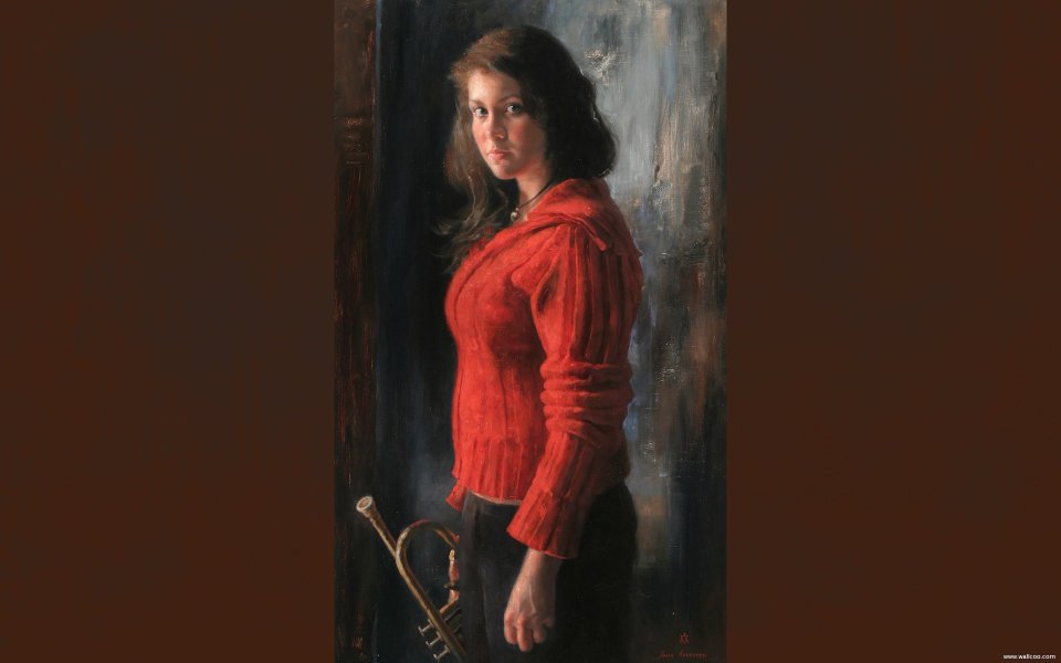 Arsen Kurbanov Girl With Trumpet Oil Painting