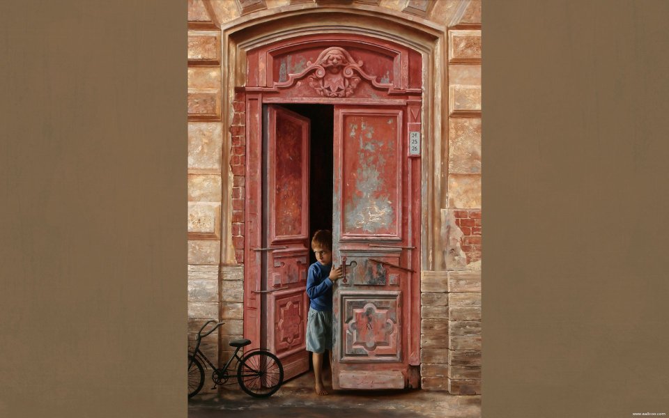 Arsen Kurbanov Hyperreal Painting Little Boy Door Bicycle