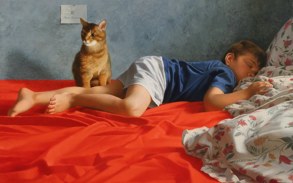 Arsen Kurbanov 作品《梦》 熟睡男孩与猫咪超写实油画