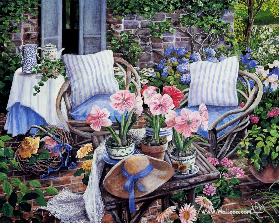 Susan Rios Oil Painting Garden Amaryllis Patio Scene
