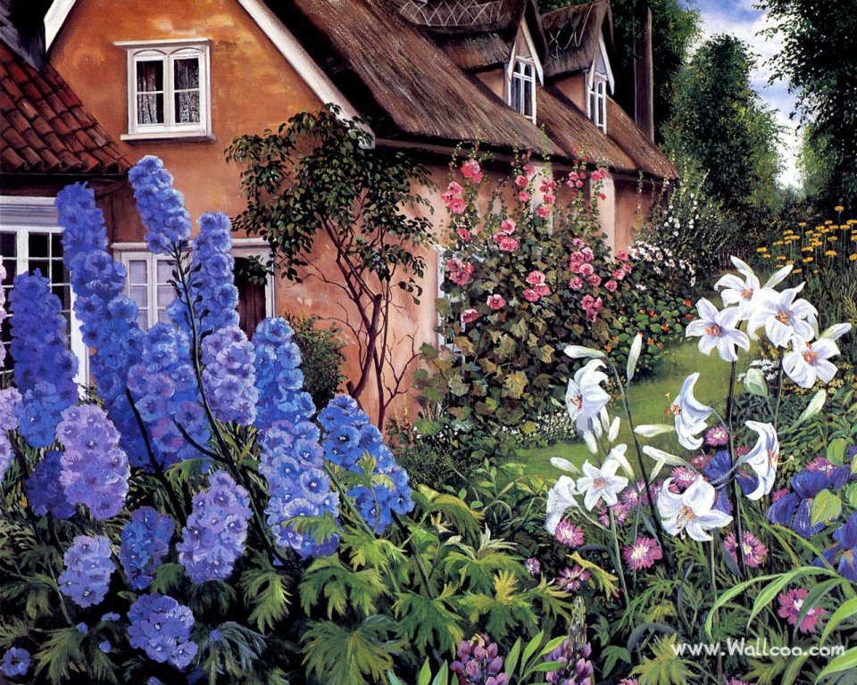 Susan Rios Rural Thatched Cottage Delphinium Garden Painting