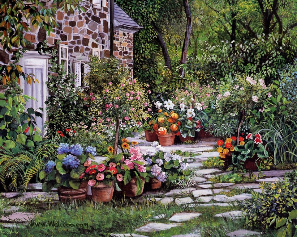 Susan Rios European Rural Stone Cottage Garden Oil Painting