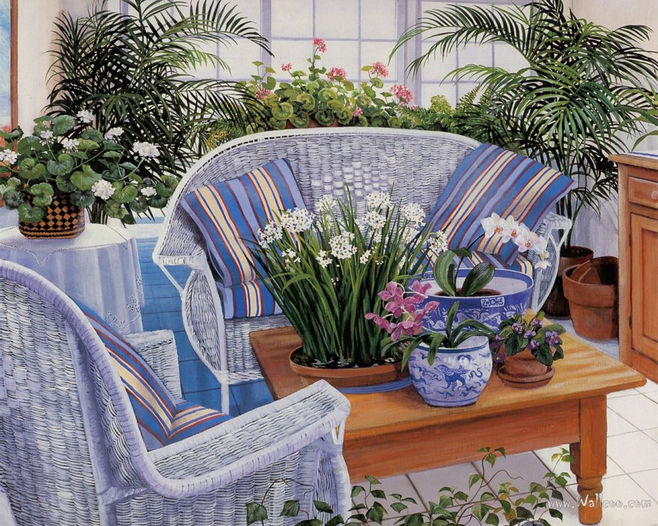 Susan Rios Oil Painting Sunny Greenhouse Home Scene