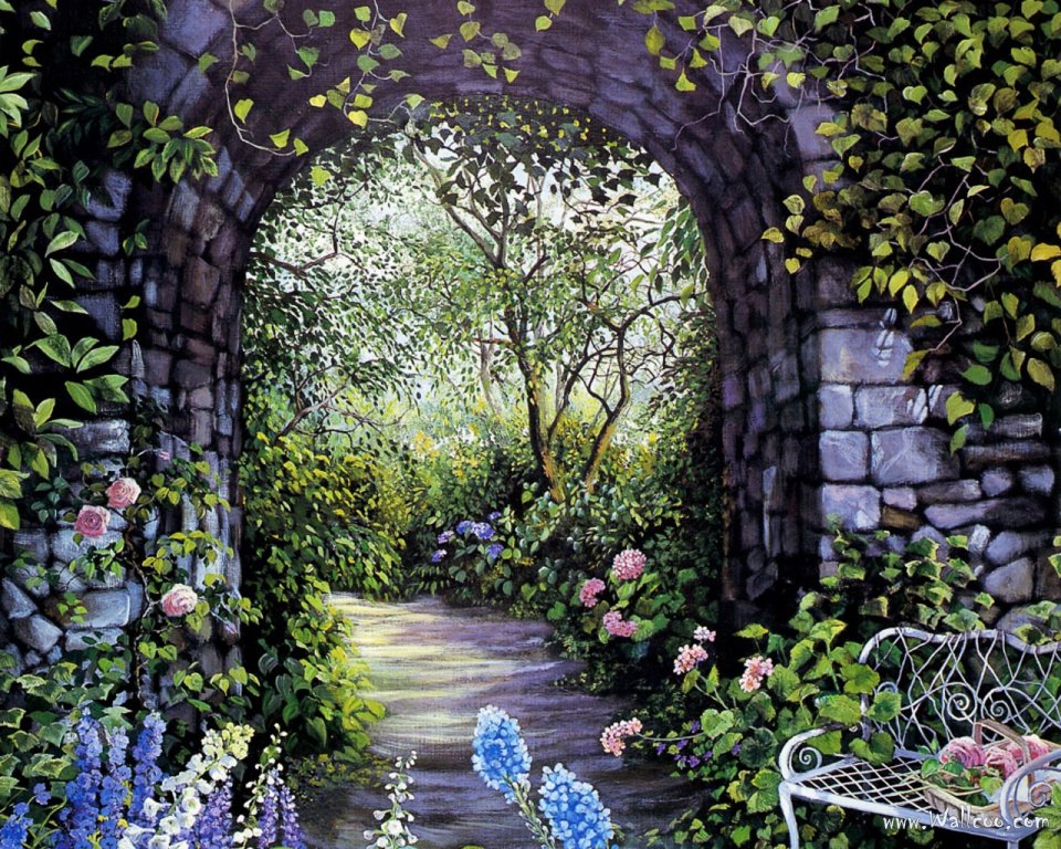 Susan Rios Afternoon Walk Oil Painting Garden Stone Arch Path