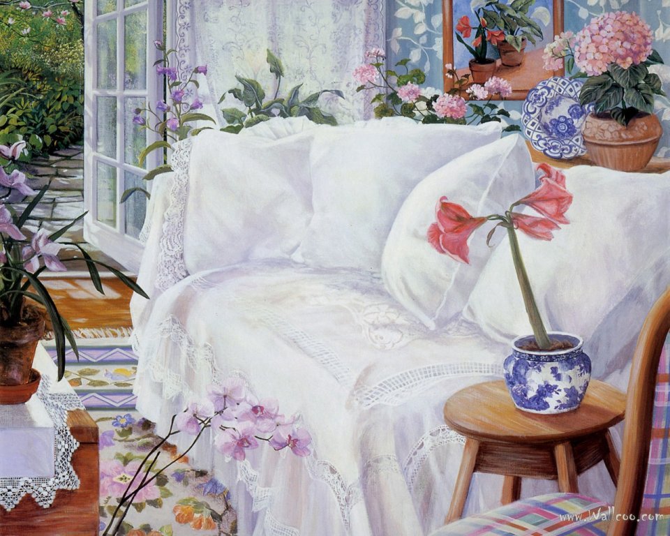 Susan Rios 民宿小屋客厅花卉静物油画