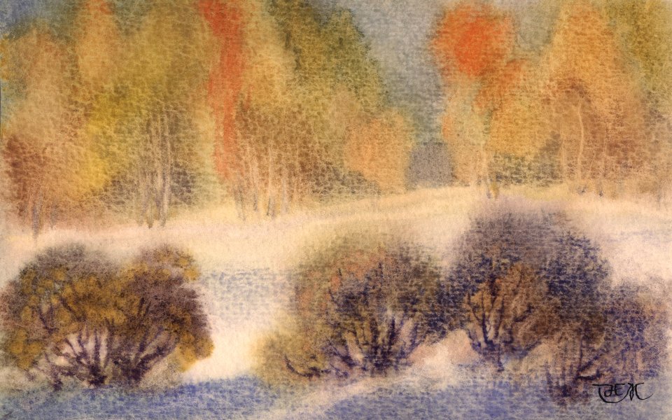 Autumn Forest Sunset Watercolor Painting