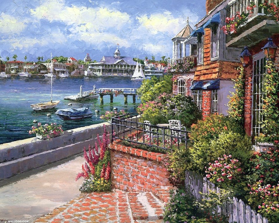 美国巴尔博亚岛滨海海港风景油画